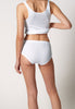 Rückansicht von einem Damen-Model, das HU white baumwolle Midi Slip Doppelpack trägt