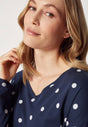 Nahaufnahme von einem Damen-Model, das HU dressblue dots baumwolle Nachthemd langarm trägt